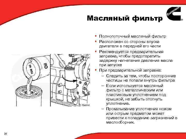 Масляный фильтр § Полнопоточный масляный фильтр § Расположен со стороны впуска двигателя в передней