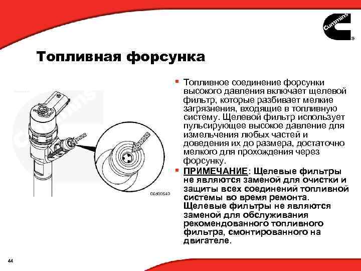 Топливная форсунка § Топливное соединение форсунки высокого давления включает щелевой фильтр, которые разбивает мелкие