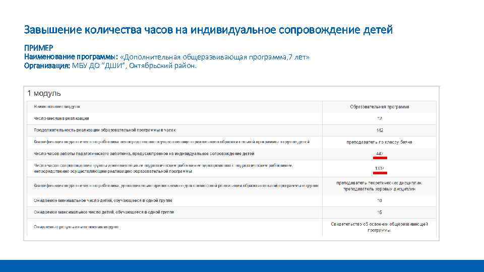 Завышение количества часов на индивидуальное сопровождение детей ПРИМЕР Наименование программы: «Дополнительная общеразвивающая программа, 7