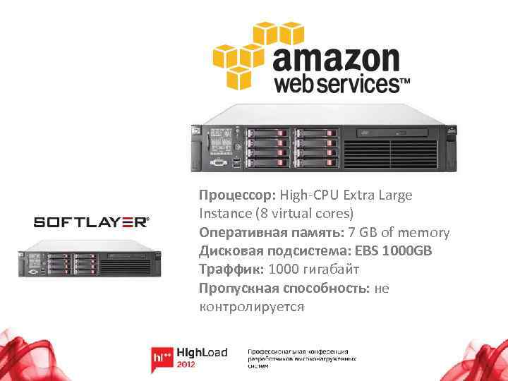 Процессор: High-CPU Extra Large Instance (8 virtual cores) Оперативная память: 7 GB of memory