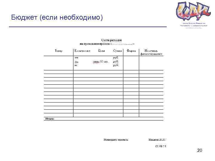 Бюджет (если необходимо) 20 