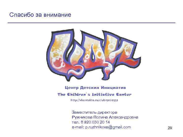 Спасибо за внимание Заместитель директора Ружникова Полина Александровна тел. 8 920 030 20 14