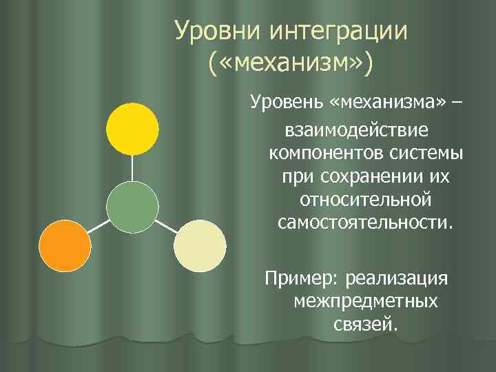Уровни интеграции ( «механизм» ) Уровень «механизма» – взаимодействие компонентов системы при сохранении их