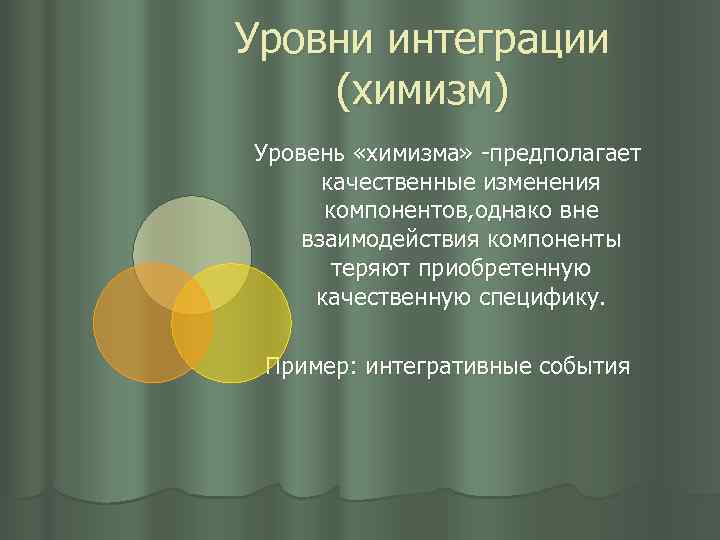 Уровни интеграции (химизм) Уровень «химизма» -предполагает качественные изменения компонентов, однако вне взаимодействия компоненты теряют