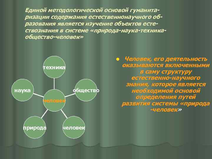 Единой методологической основой гуманитаризации содержания естественнонаучного образования является изучение объектов естествознания в системе «природа-наука-техникаобщество-человек»