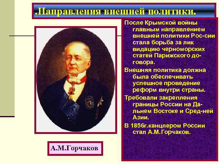 . Направления внешней политики. После Крымской войны главным направлением внешней политики Рос-сии стала борьба