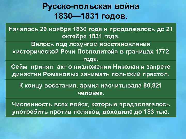 Русско-польская война 1830— 1831 годов. Началось 29 ноября 1830 года и продолжалось до 21