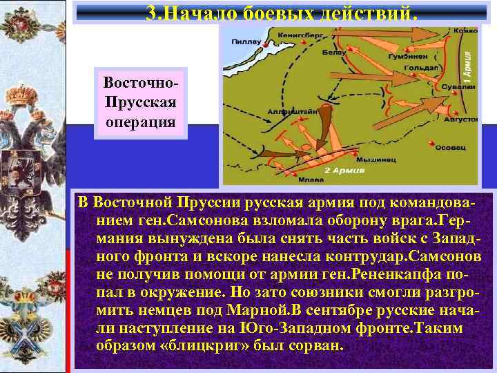 3. Начало боевых действий. Восточно. Прусская операция В Восточной Пруссии русская армия под командованием