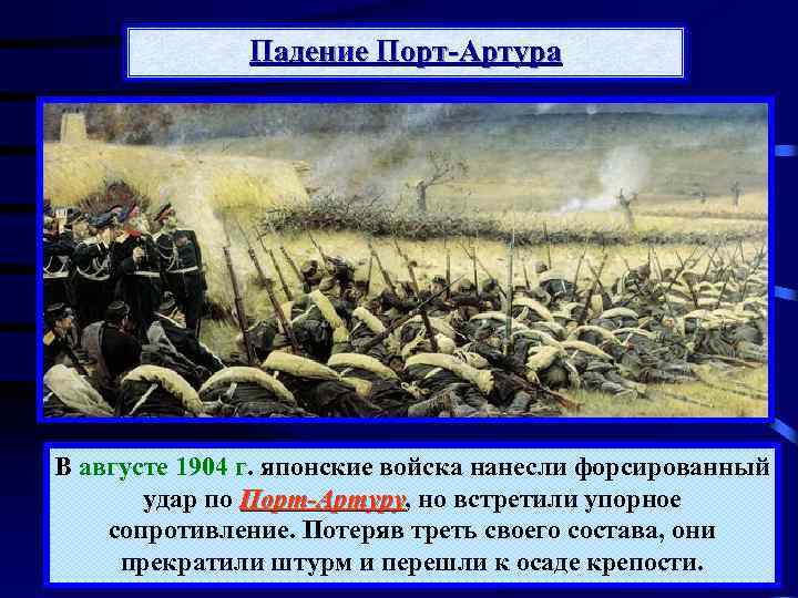 Падение Порт-Артура В августе 1904 г. японские войска нанесли форсированный удар по Порт-Артуру, но