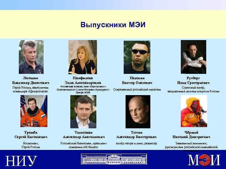 Выпускники МЭИ Легошин Владимир Данатович Памфилова Элла Александровна Пелевин Виктор Олегович Рутберг Илья Григорьевич