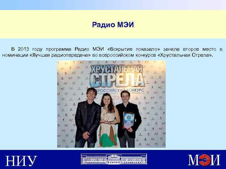 Радио МЭИ В 2013 году программа Радио МЭИ «Вскрытие показало» заняла второе место в