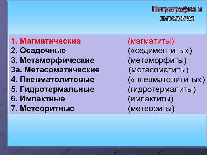 1. Магматические (магматиты) 2. Осадочные ( «седиментиты» ) 3. Метаморфические (метаморфиты) 3 a. Метасоматические