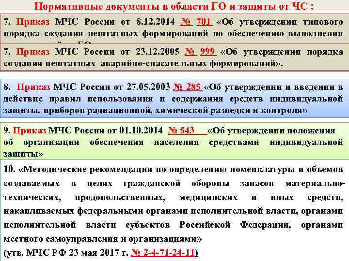 Нормативные документы в области ГО и защиты от ЧС : 7. Приказ МЧС России
