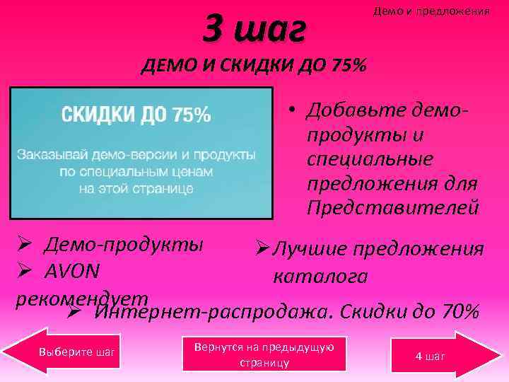 3 шаг Демо и предложения ДЕМО И СКИДКИ ДО 75% • Добавьте демопродукты и
