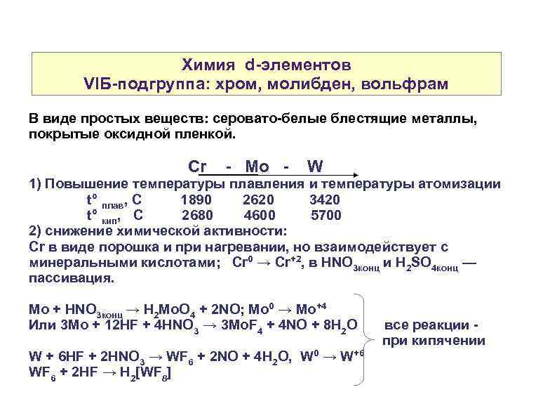 Химия d-элементов VIБ-подгруппа: хром, молибден, вольфрам В виде простых веществ: серовато-белые блестящие металлы, покрытые