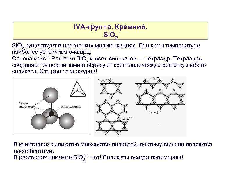 IVA-группа. Кремний. Si. O 2 существует в нескольких модификациях. При комн температуре наиболее устойчива