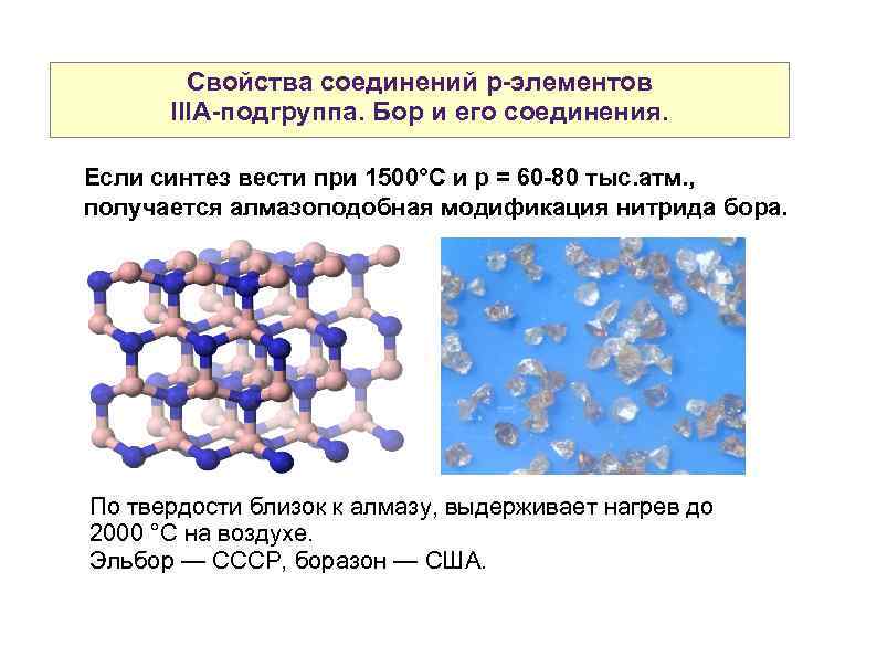 Свойства соединений р-элементов IIIА-подгруппа. Бор и его соединения. Если синтез вести при 1500°С и