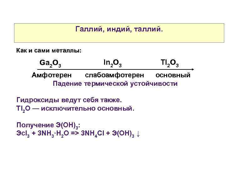 Галлий, индий, таллий. Как и сами металлы: Ga 2 O 3 In 2 O