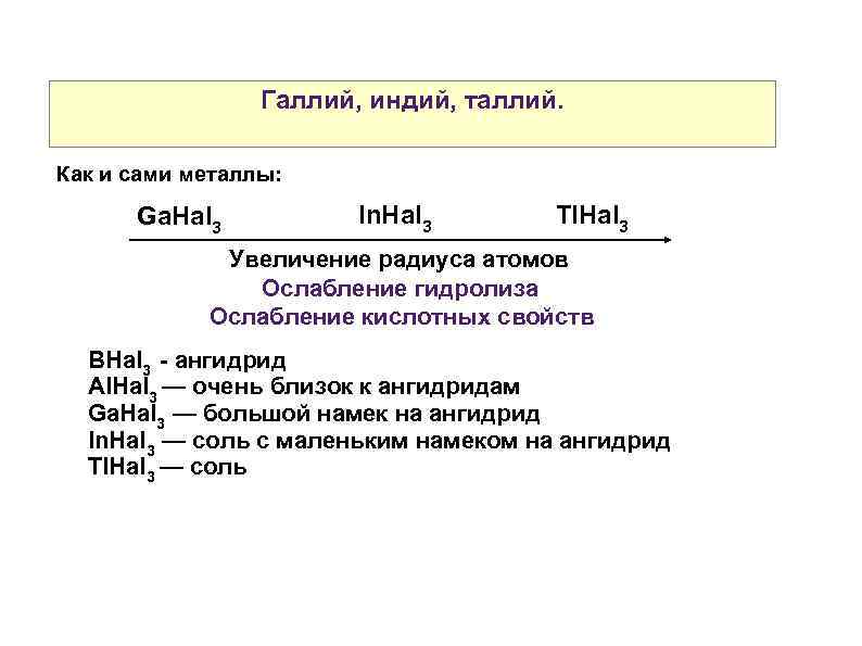 Галлий, индий, таллий. Как и сами металлы: Ga. Hal 3 In. Hal 3 Tl.