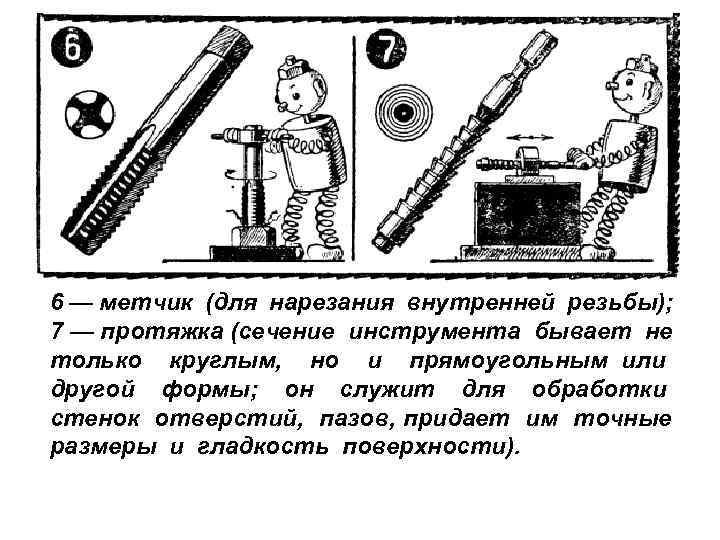 6 — метчик (для нарезания внутренней резьбы); 7 — протяжка (сечение инструмента бывает не