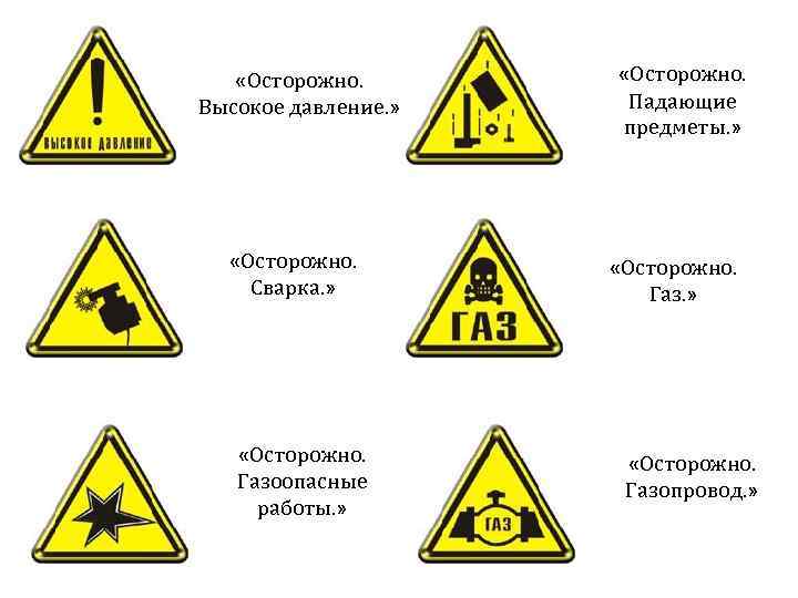  «Осторожно. Высокое давление. » «Осторожно. Сварка. » «Осторожно. Газоопасные работы. » «Осторожно. Падающие