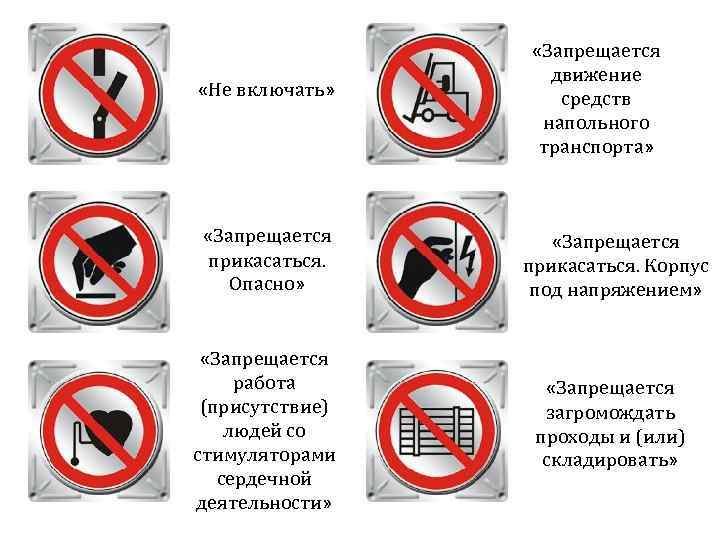  «Не включать» «Запрещается движение средств напольного транспорта» «Запрещается прикасаться. Опасно» «Запрещается прикасаться. Корпус