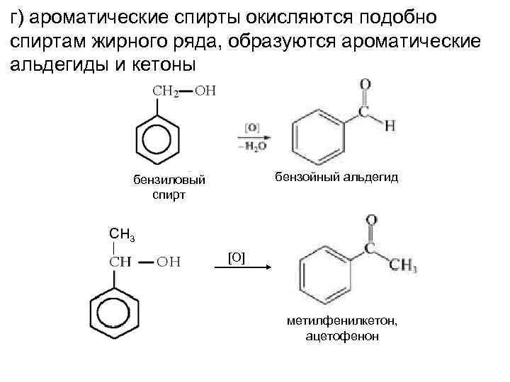 г) ароматические спирты окисляются подобно спиртам жирного ряда, образуются ароматические альдегиды и кетоны бензойный