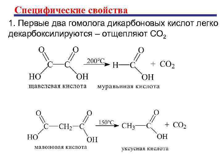 Специфические свойства 1. Первые два гомолога дикарбоновых кислот легко декарбоксилируются – отщепляют СО 2