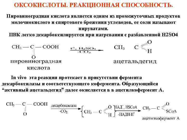 ОКСОКИСЛОТЫ. РЕАКЦИОННАЯ СПОСОБНОСТЬ. Пировиноградная кислота является одним из промежуточных продуктов молочнокислого и спиртового брожения