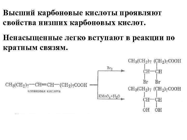 Высший карбоновые кислоты проявляют свойства низших карбоновых кислот. Ненасыщенные легко вступают в реакции по