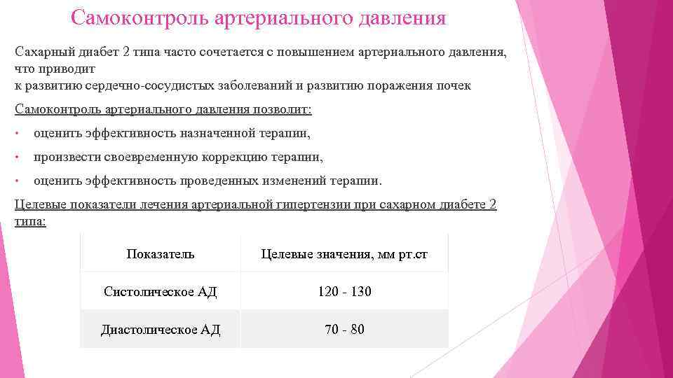 Самоконтроль артериального давления Сахарный диабет 2 типа часто сочетается с повышением артериального давления, что