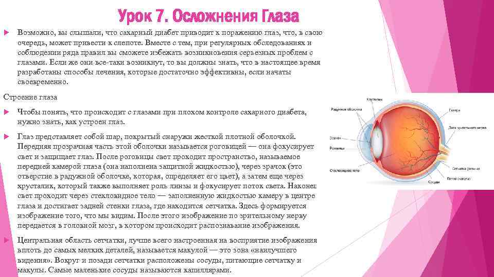 Урок 7. Осложнения Глаза Возможно, вы слышали, что сахарный диабет приводит к поражению глаз,