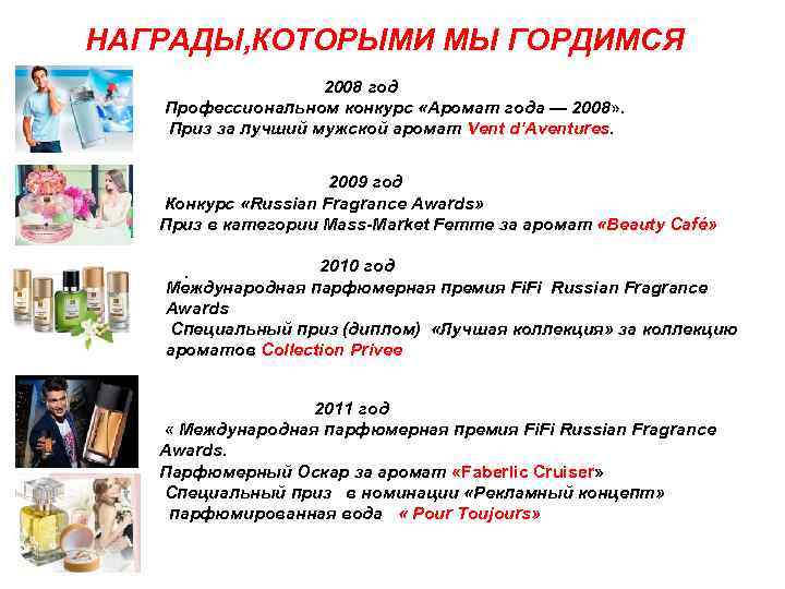 НАГРАДЫ, КОТОРЫМИ МЫ ГОРДИМСЯ 2008 год Профессиональном конкурс «Аромат года — 2008» . Приз