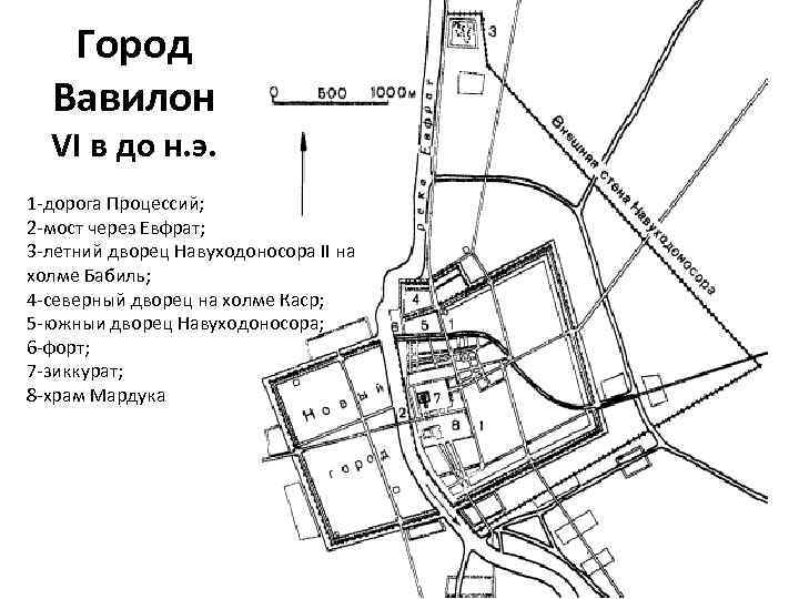 Город Вавилон VI в до н. э. 1 -дорога Процессий; 2 -мост через Евфрат;