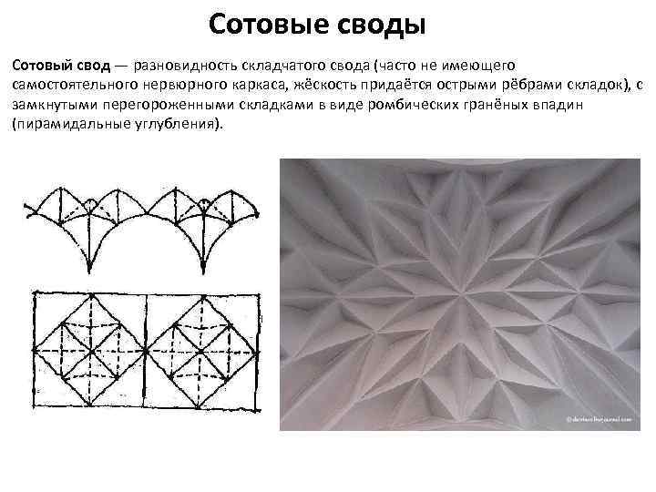 Сотовые своды Сотовый свод — разновидность складчатого свода (часто не имеющего самостоятельного нервюрного каркаса,