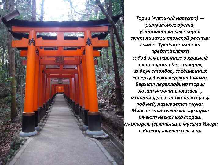 Тории ( «птичий насест» ) — ритуальные врата, устанавливаемые перед святилищами японской религии синто.