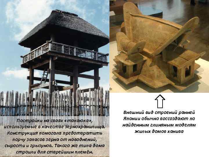 Постройки на сваях «такаюка» , используемые в качестве зернохранилища. Конструкция помогала предотвратить порчу запасов