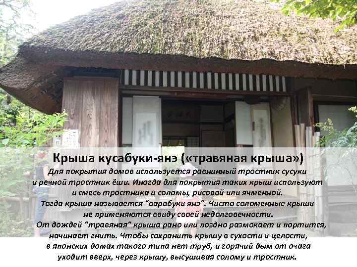 Крыша кусабуки-янэ ( «травяная крыша» ) Для покрытия домов используется равнинный тростник сусуки и
