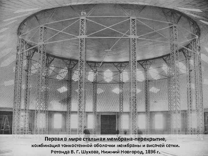 Первая в мире стальная мембрана-перекрытие, комбинация тонкостенной оболочки мембраны и висячей сетки. Ротонда В.