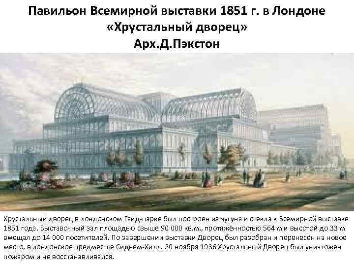 Павильон Всемирной выставки 1851 г. в Лондоне «Хрустальный дворец» Арх. Д. Пэкстон Хрустальный дворец