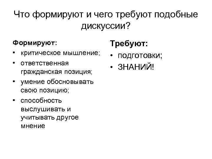 Что формируют и чего требуют подобные дискуссии? Формируют: • критическое мышление; • ответственная гражданская