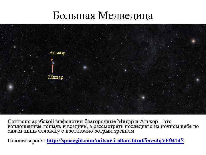 Большая Медведица Алькор Мицар Согласно арабской мифологии благородные Мицар и Алькор – это воплощенные