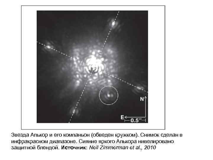 Звезда Алькор и его компаньон (обведен кружком). Снимок сделан в инфракрасном диапазоне. Сияние яркого