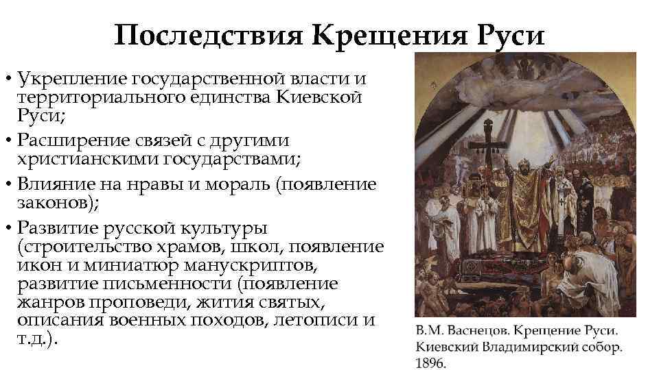 Последствия Крещения Руси • Укрепление государственной власти и территориального единства Киевской Руси; • Расширение