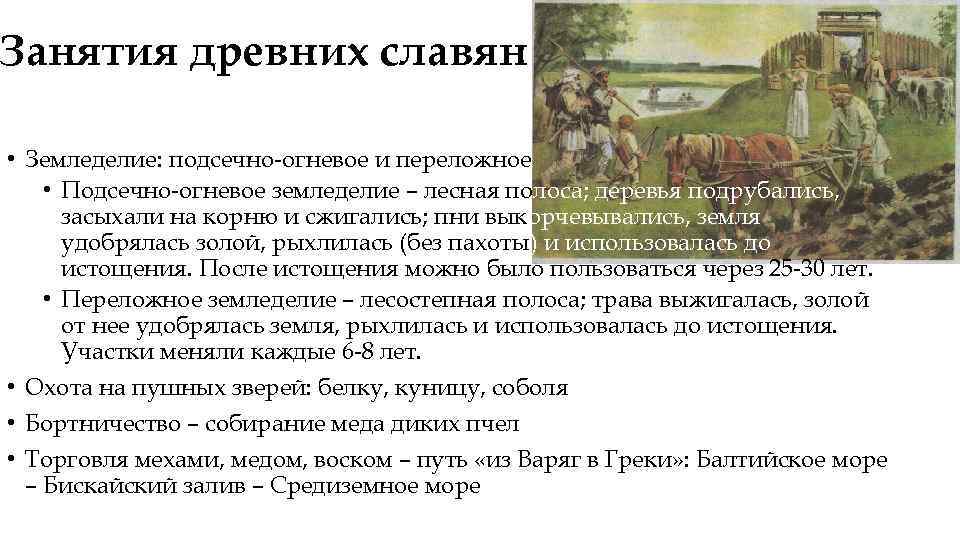 Занятия древних славян • Земледелие: подсечно-огневое и переложное • Подсечно-огневое земледелие – лесная полоса;