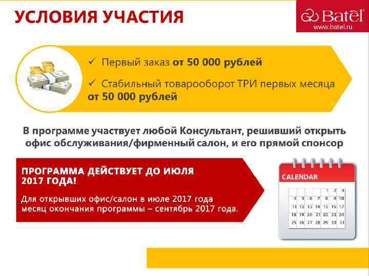 УСЛОВИЯ УЧАСТИЯ ü Первый заказ от 50 000 рублей ü Стабильный товарооборот ТРИ первых