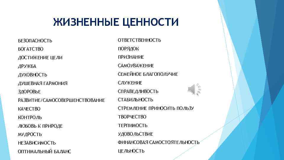 ЖИЗНЕННЫЕ ЦЕННОСТИ БЕЗОПАСНОСТЬ ОТВЕТСТВЕННОСТЬ БОГАТСТВО ПОРЯДОК ДОСТИЖЕНИЕ ЦЕЛИ ПРИЗНАНИЕ ДРУЖБА САМОУВАЖЕНИЕ ДУХОВНОСТЬ СЕМЕЙНОЕ БЛАГОПОЛУЧИЕ