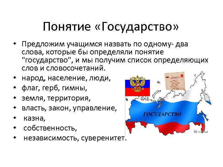 Понятие «Государство» • Предложим учащимся назвать по одному- два слова, которые бы определяли понятие