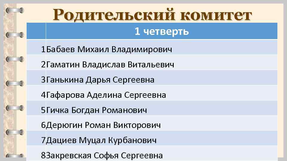 Родительский комитет 1 четверть 1 Бабаев Михаил Владимирович 2 Гаматин Владислав Витальевич 3 Ганькина