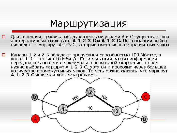 Маршрутизация o Для передачи, трафика между конечными узлами А и С существуют два альтернативных